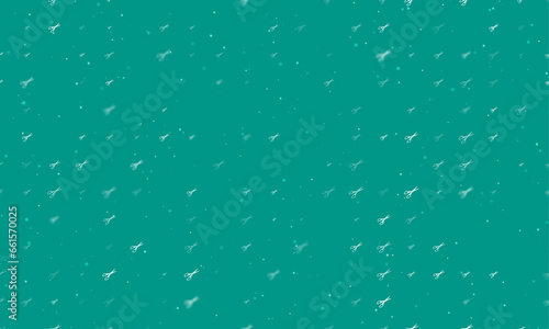 Seamless background pattern of evenly spaced white scissors symbols of different sizes and opacity. Vector illustration on teal background with stars