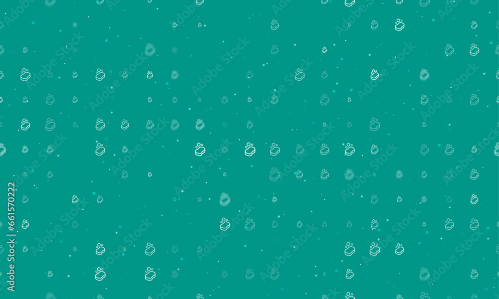 Seamless background pattern of evenly spaced white soap symbols of different sizes and opacity. Vector illustration on teal background with stars