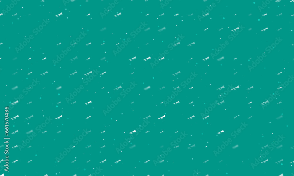 Seamless background pattern of evenly spaced white trumpet symbols of different sizes and opacity. Vector illustration on teal background with stars Seamless background pattern of evenly spaced white trumpet symbols of different sizes and opacity. Vector illustration on teal background with stars