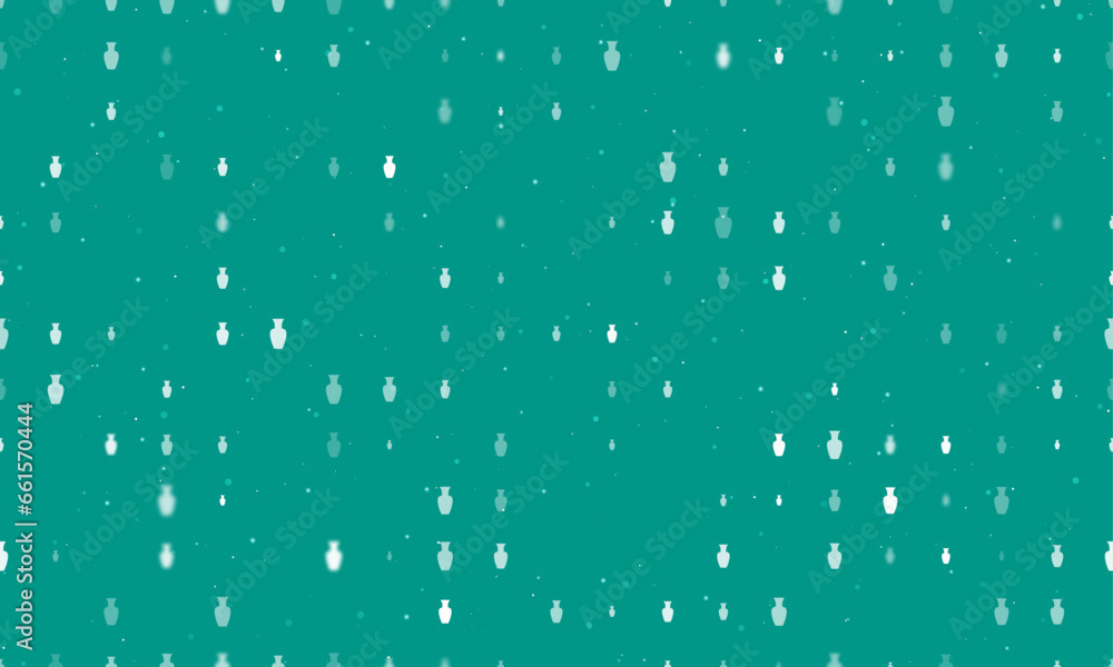 Seamless background pattern of evenly spaced white vases of different sizes and opacity. Vector illustration on teal background with stars Seamless background pattern of evenly spaced white vases of different sizes and opacity. Vector illustration on teal background with stars