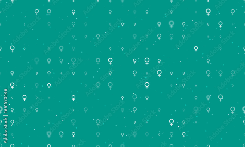 Seamless background pattern of evenly spaced white venus symbols of different sizes and opacity. Vector illustration on teal background with stars Seamless background pattern of evenly spaced white venus symbols of different sizes and opacity. Vector illustration on teal background with stars
