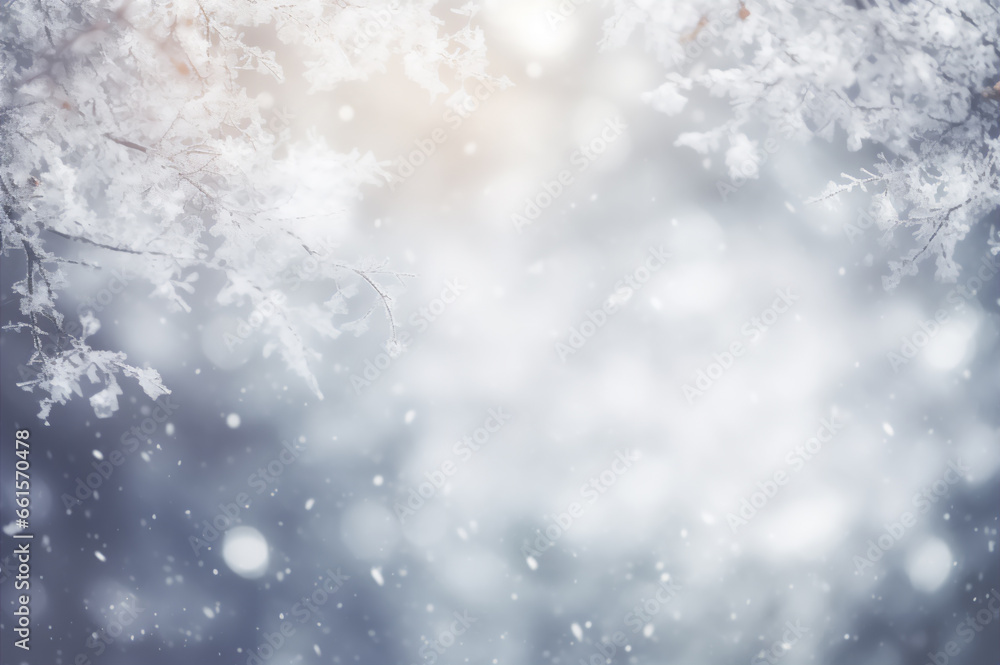 Tree branches with frost in winter on snowfall background Tree branches with frost in winter on snowfall background