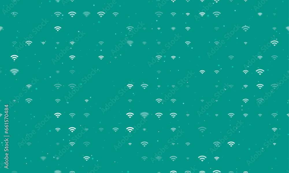 Seamless background pattern of evenly spaced white wifi symbols of different sizes and opacity. Vector illustration on teal background with stars