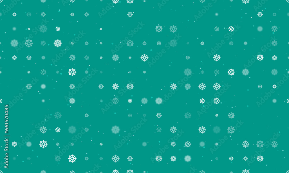 Seamless background pattern of evenly spaced white wheel symbols of different sizes and opacity. Vector illustration on teal background with stars