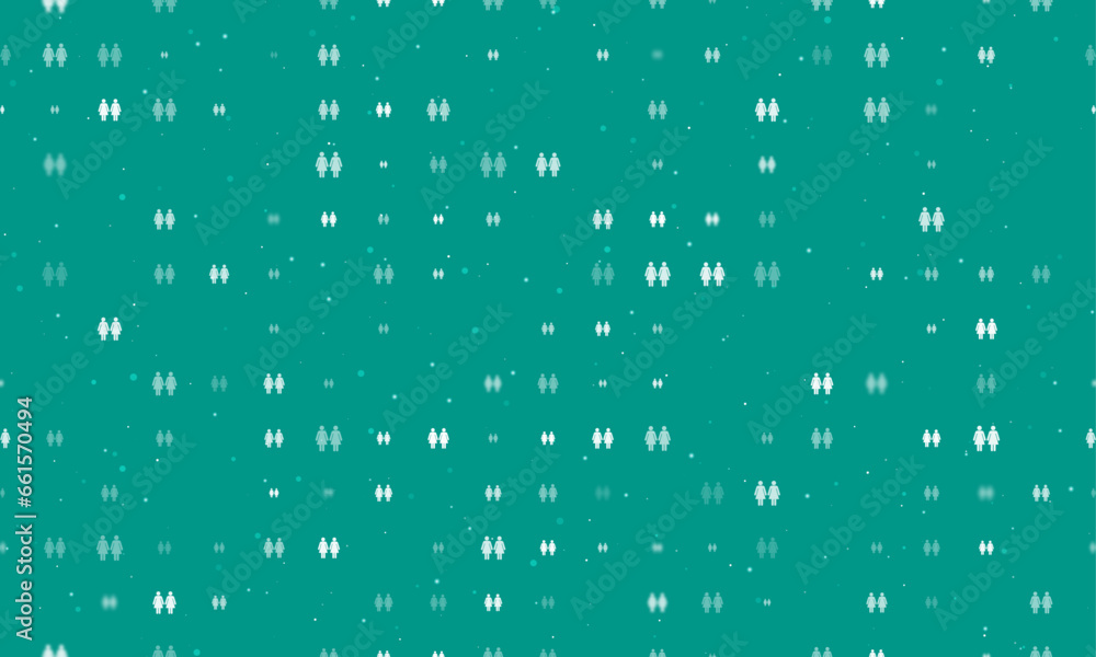 Seamless background pattern of evenly spaced white woman with woman symbols of different sizes and opacity. Vector illustration on teal background with stars Seamless background pattern of evenly spaced white woman with woman symbols of different sizes and opacity. Vector illustration on teal background with stars