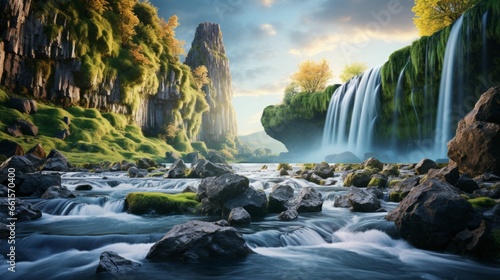 Photo of a breathtaking waterfall nestled in the heart of a serene river