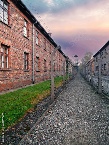 Auschwitz concentration camp. Poland Auschwitz and Birkenau. Photos with effects applied to reveal vibrant colors. Note: Photos are not a product of artificial intelligence.                        