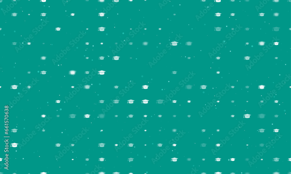 Seamless background pattern of evenly spaced white square academic cap symbols of different sizes and opacity. Vector illustration on teal background with stars Seamless background pattern of evenly spaced white square academic cap symbols of different sizes and opacity. Vector illustration on teal background with stars