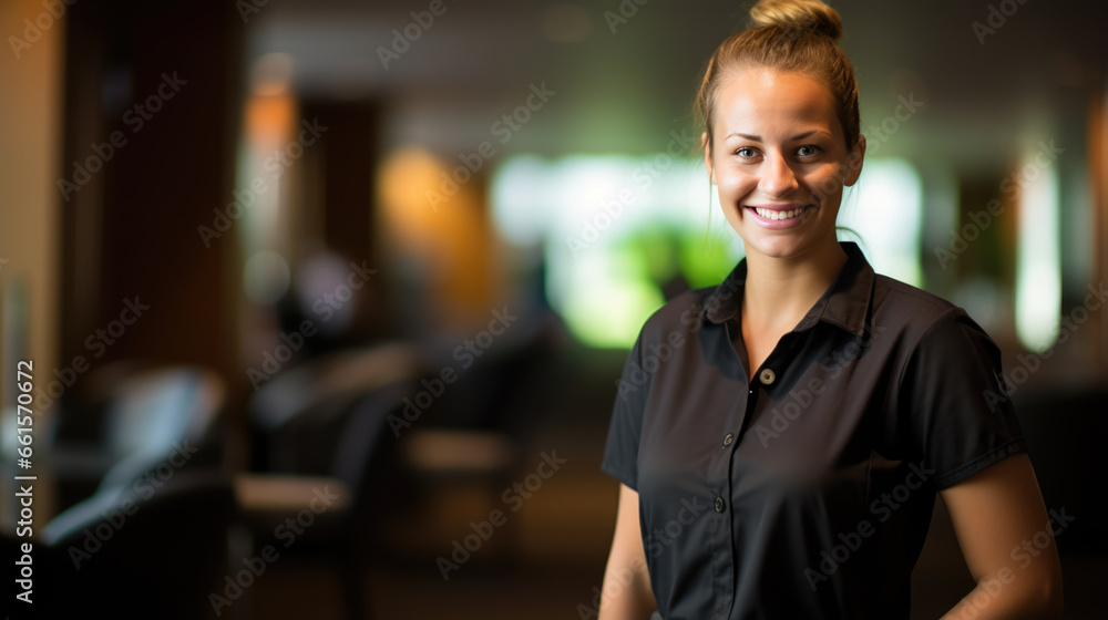Fototapeta premium Portrait of a female cleaner against the background of a house or hotel
