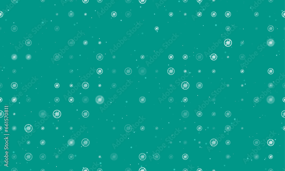 Seamless background pattern of evenly spaced white stop coronavirus symbols of different sizes and opacity. Vector illustration on teal background with stars