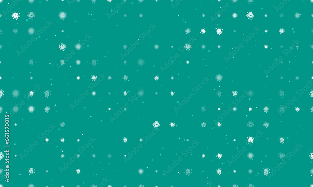 Seamless background pattern of evenly spaced white coronavirus symbols of different sizes and opacity. Vector illustration on teal background with stars