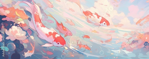 Anime illustration of Japanese koi swimming underwater