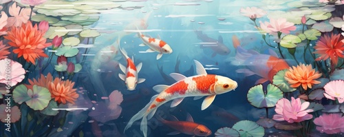 Watercolor painting of a Japanese koi pond