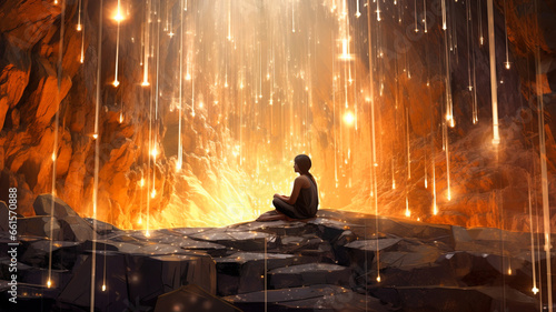 Woman meditating in a magical cavern filled with golden light sparkles. Spiritual practice, awakening the power of the mind.