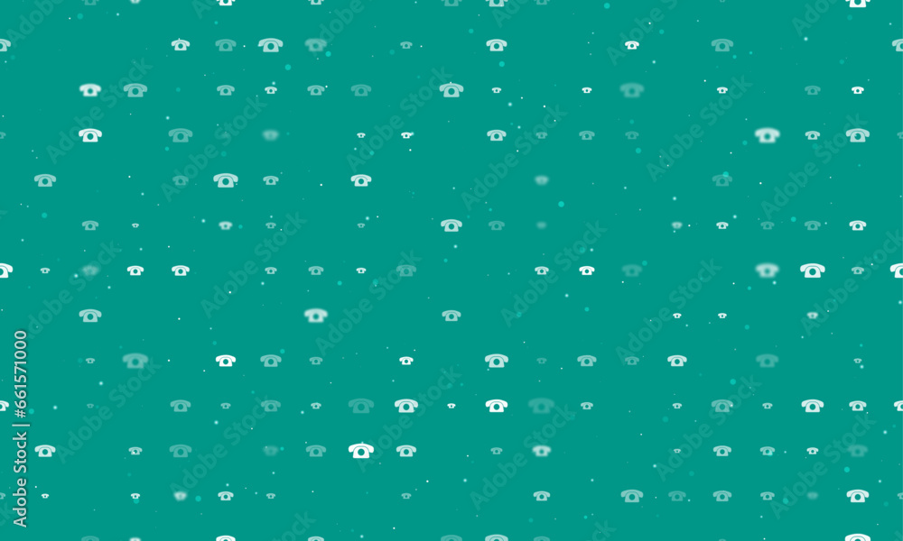 Seamless background pattern of evenly spaced white vintage telephone symbols of different sizes and opacity. Vector illustration on teal background with stars