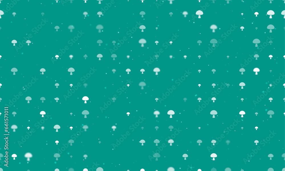 Seamless background pattern of evenly spaced white mushroom symbols of different sizes and opacity. Vector illustration on teal background with stars