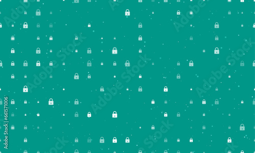 Seamless background pattern of evenly spaced white padlock symbols of different sizes and opacity. Vector illustration on teal background with stars