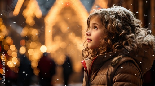 Christmas, A young girl in a brown coat gazing at the snowflakes falling from the sky in a city setting