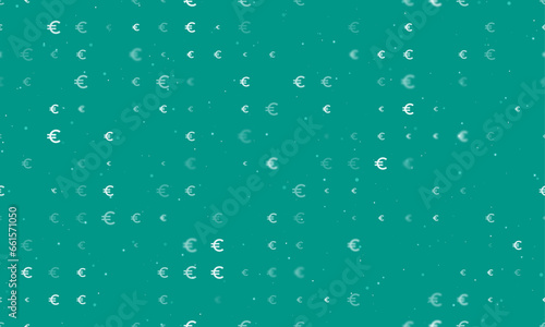 Seamless background pattern of evenly spaced white euro symbols of different sizes and opacity. Vector illustration on teal background with stars