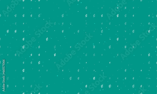 Seamless background pattern of evenly spaced white cent symbols of different sizes and opacity. Vector illustration on teal background with stars