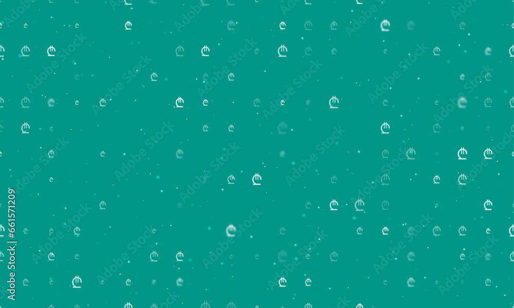 Seamless background pattern of evenly spaced white lary symbols of different sizes and opacity. Vector illustration on teal background with stars