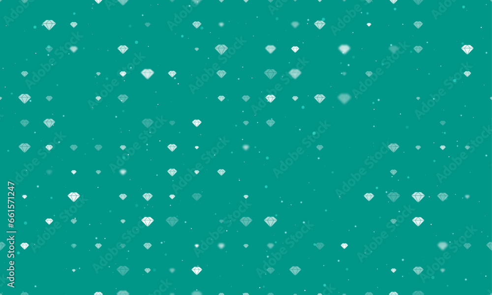 Seamless background pattern of evenly spaced white diamond symbols of different sizes and opacity. Vector illustration on teal background with stars