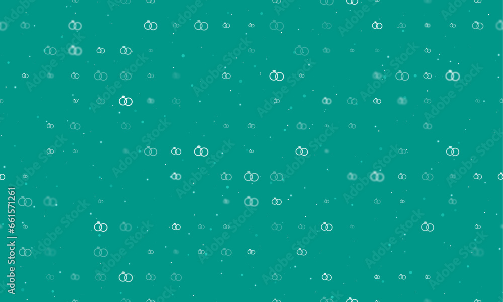 Seamless background pattern of evenly spaced white wedding rings symbols of different sizes and opacity. Vector illustration on teal background with stars