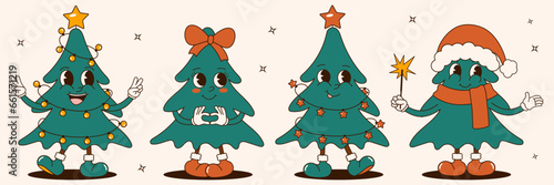 Groovy 70s Christmas sticker set. Trendy retro cartoon style. Cartoon christmas tree characters. Comic mascots