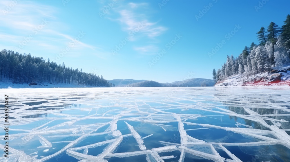 Photo of a serene winter landscape with a frozen lake and snow-covered trees