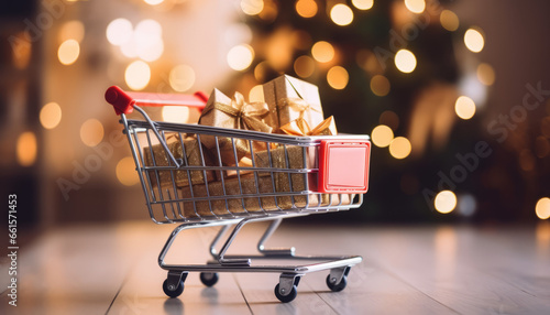 Shopping cart full of elegant presents, minimalist style.