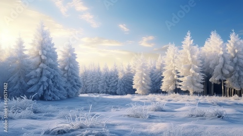 Photo of snow-covered trees in a serene winter landscape © mattegg