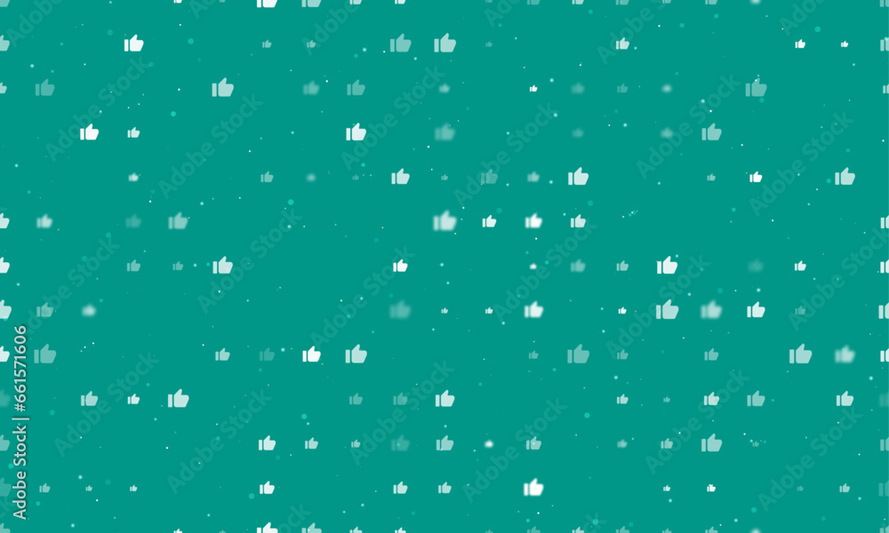 Seamless background pattern of evenly spaced white thumb up symbols of different sizes and opacity. Vector illustration on teal background with stars Seamless background pattern of evenly spaced white thumb up symbols of different sizes and opacity. Vector illustration on teal background with stars