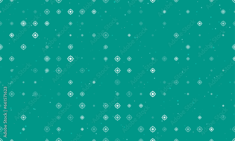 Seamless background pattern of evenly spaced white crosshair symbols of different sizes and opacity. Vector illustration on teal background with stars