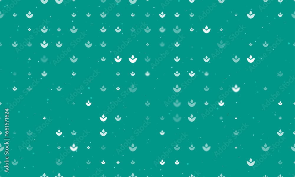 Seamless background pattern of evenly spaced white water lily symbols of different sizes and opacity. Vector illustration on teal background with stars