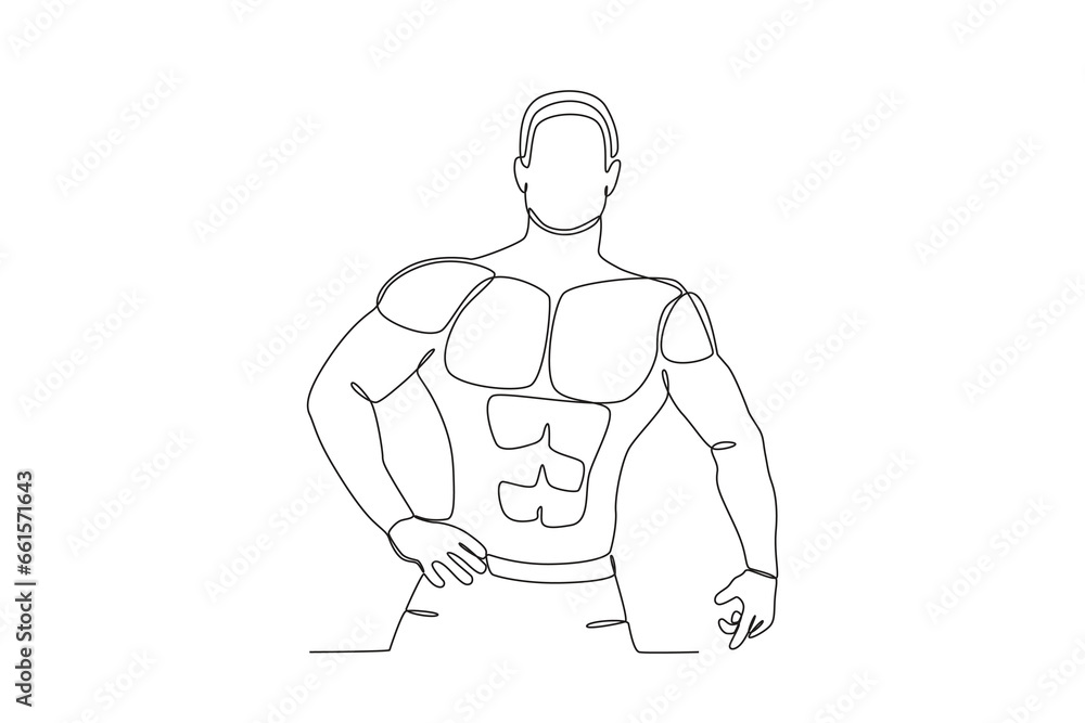 A man finishes bodybuilding exercises. Bodybuilding one-line drawing A man finishes bodybuilding exercises. Bodybuilding one-line drawing