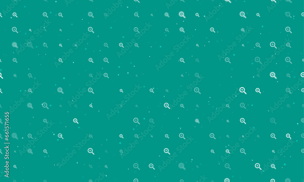 Seamless background pattern of evenly spaced white zoom in symbols of different sizes and opacity. Vector illustration on teal background with stars Seamless background pattern of evenly spaced white zoom in symbols of different sizes and opacity. Vector illustration on teal background with stars