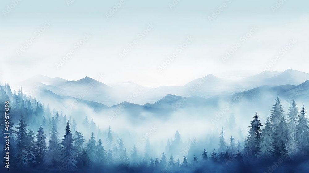 Photo of a mysterious mountain landscape with fog and towering pine trees