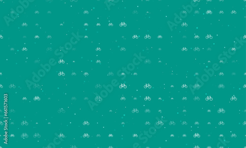 Seamless background pattern of evenly spaced white bicycle symbols of different sizes and opacity. Vector illustration on teal background with stars