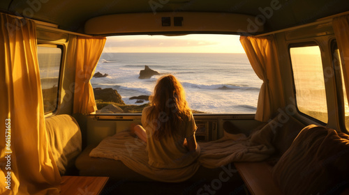 a woman sitting in an open van looking at the ocean.