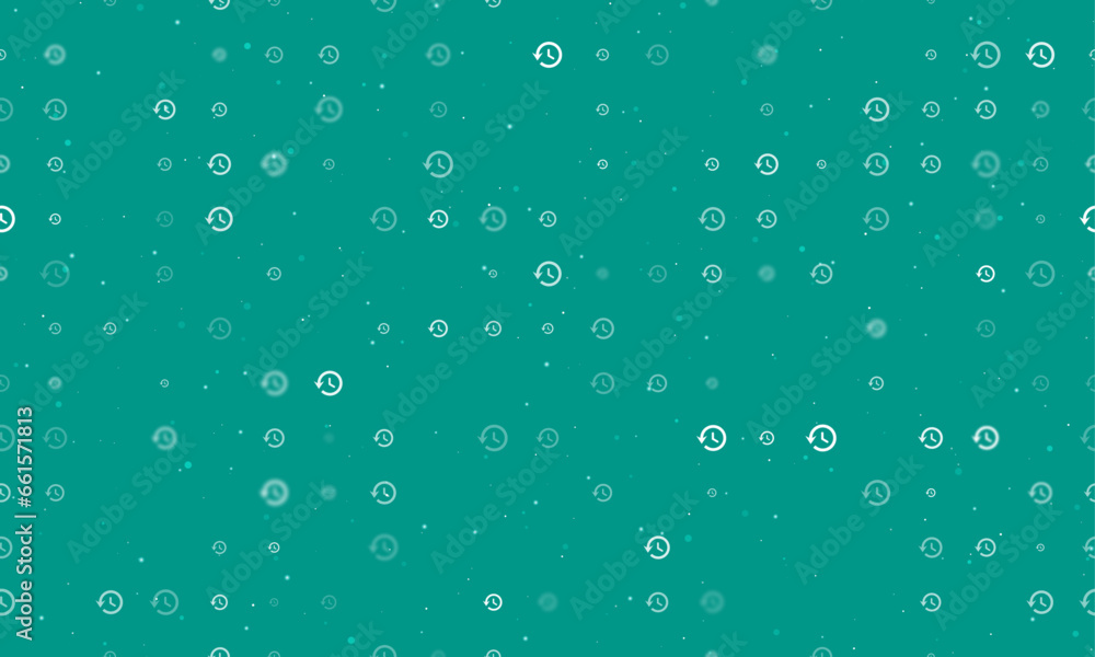 Seamless background pattern of evenly spaced white time back symbols of different sizes and opacity. Vector illustration on teal background with stars Seamless background pattern of evenly spaced white time back symbols of different sizes and opacity. Vector illustration on teal background with stars