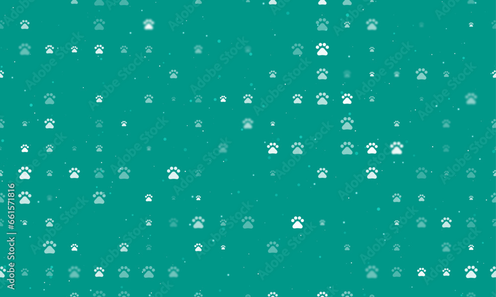 Seamless background pattern of evenly spaced white pet symbols of different sizes and opacity. Vector illustration on teal background with stars
