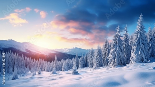 Photo of a winter wonderland with snow-covered trees and majestic mountains