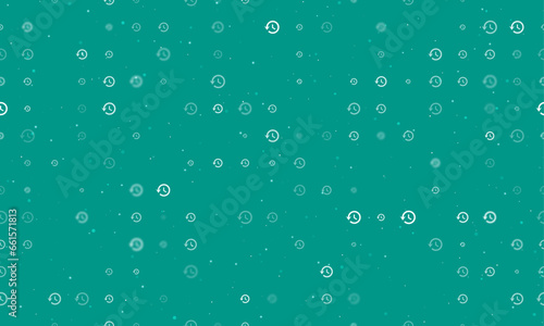 Seamless background pattern of evenly spaced white time back symbols of different sizes and opacity. Vector illustration on teal background with stars