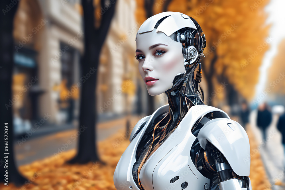 Robot Android woman, beautiful woman face, walking on city street of Autumn season Robot Android woman, beautiful woman face, walking on city street of Autumn season