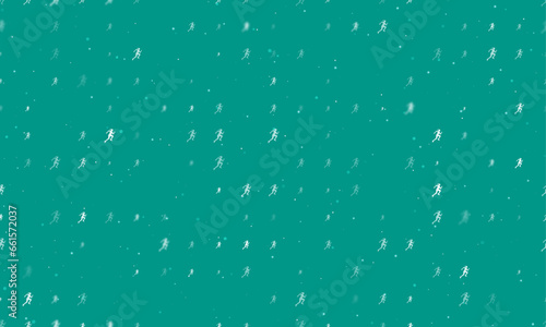 Seamless background pattern of evenly spaced white running woman symbols of different sizes and opacity. Vector illustration on teal background with stars