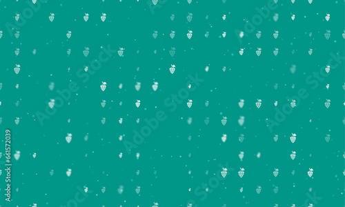 Seamless background pattern of evenly spaced white grapes symbols of different sizes and opacity. Vector illustration on teal background with stars