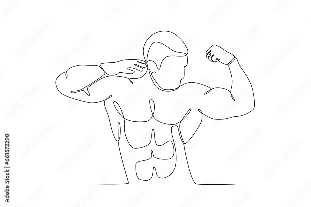 An athletic man active workout. Bodybuilding one-line drawing