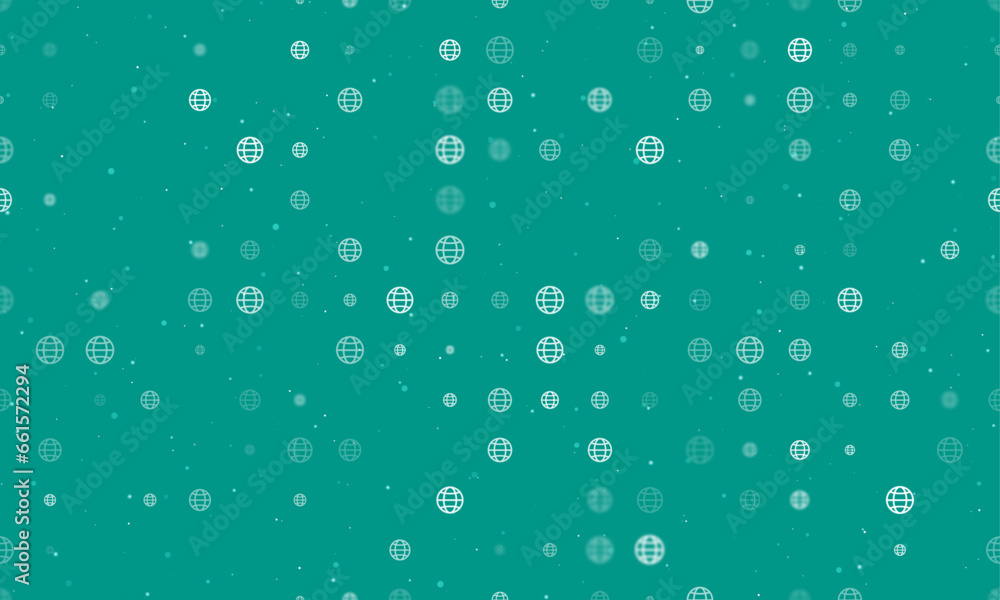 Seamless background pattern of evenly spaced white web symbols of different sizes and opacity. Vector illustration on teal background with stars