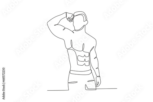 A man raises his hand showing his biceps. Bodybuilding one-line drawing
