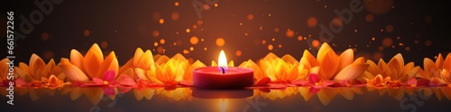 A lit candle surrounded by petals and petals. Imaginary illustration. Diwali greeting card.